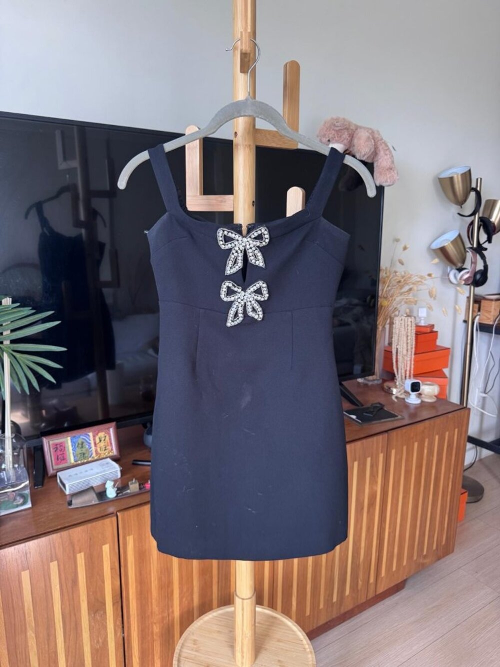 Self Portrait Navy Mini Dress Crystal Rhinestone Bow Appliques Wide Strap